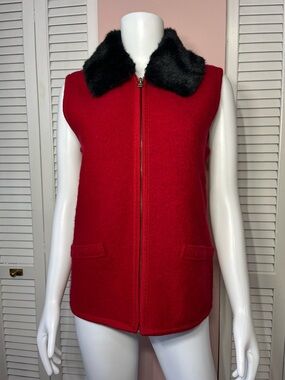 Lisa International Red Zip-Front Vest with Black Faux Fur Collar